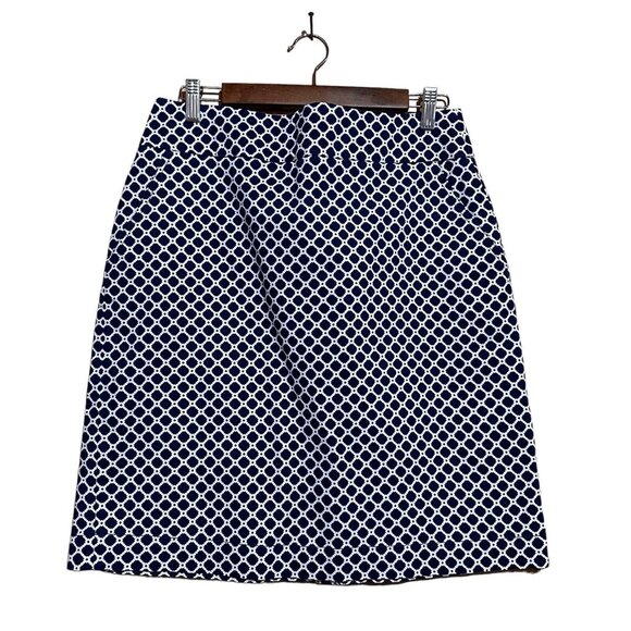 Chadwicks Of Boston 8 Geometric Print Navy White Cotton Blend Skirt Side Pockets - Picture 1 of 12